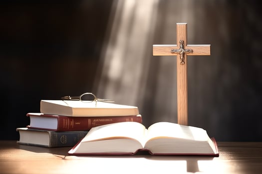 Close up of a holy bible and christian cross on wooden table. Happy good friday or religion concept by AI Generated photo