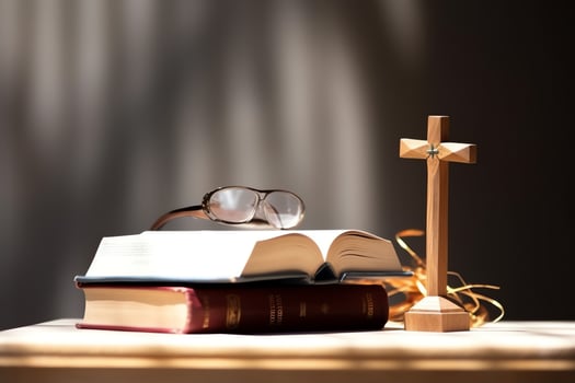Close up of a holy bible and christian cross on wooden table. Happy good friday or religion concept by AI Generated photo