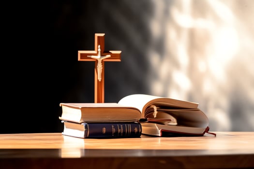 Close up of a holy bible and christian cross on wooden table. Happy good friday or religion concept by AI Generated photo