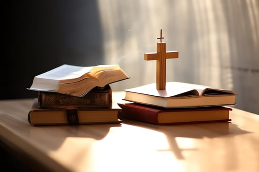 Close up of a holy bible and christian cross on wooden table. Happy good friday or religion concept by AI Generated photo