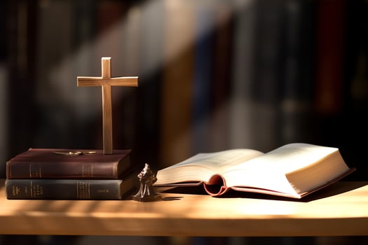 Close up of a holy bible and christian cross on wooden table. Happy good friday or religion concept by AI Generated photo