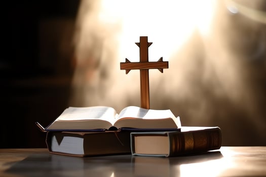 Close up of a holy bible and christian cross on wooden table. Happy good friday or religion concept by AI Generated photo
