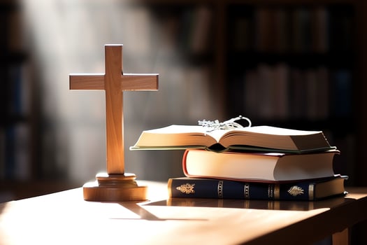 Close up of a holy bible and christian cross on wooden table. Happy good friday or religion concept by AI Generated photo
