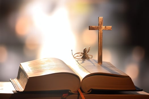 Close up of a holy bible and christian cross on wooden table. Happy good friday or religion concept by AI Generated photo