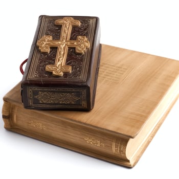 Close up of a holy bible and christian cross on wooden table. Happy good friday or religion concept by AI Generated photo
