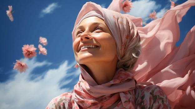 Beautiful adult woman in headscarf face closeup photo