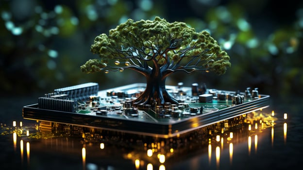 Green natural eco-friendly tree and computer technology on an abstract high-tech futuristic background of microchips and computer circuit boards with transistors photo