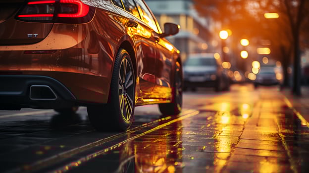 Side view of a car in a big city at sunset photo
