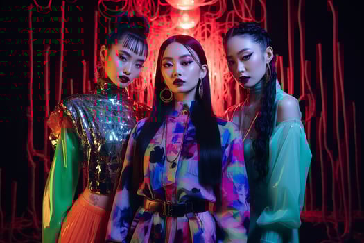 Ai generated Studio portrait of three few beautiful young woman standing together in hug on different colour background photo