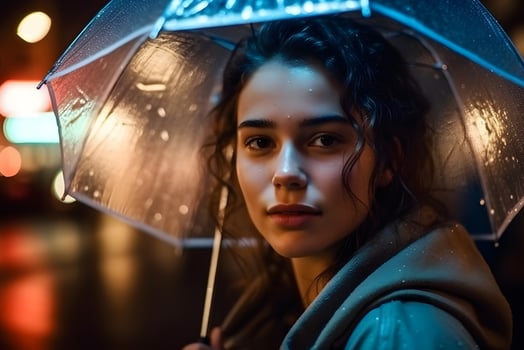 Portrait of a girl with an umbrella in the rain. Neural network AI generated photo