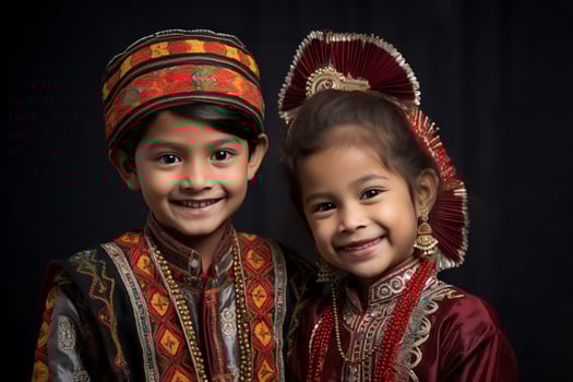 A picture of two young brothers and sisters wearing traditional clothes and celebrating the bhai dooj festival, ai generative photo