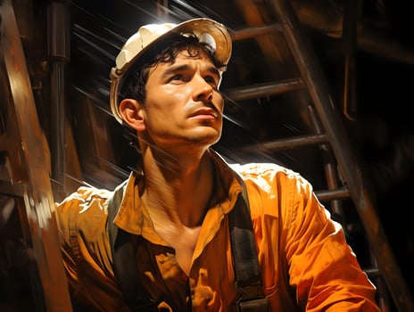 Construction worker look up. High quality. AI Generative photo