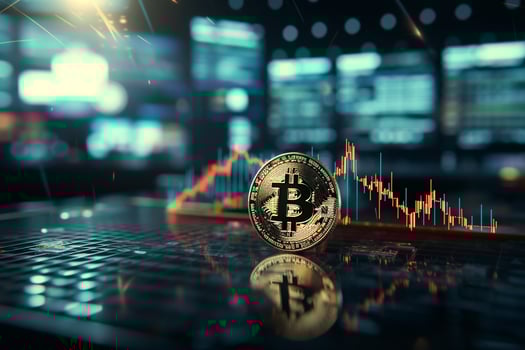 Bitcoin on the background of the stock market. Cryptocurrency concept. Ai generative photo