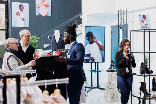 Senior stylish couple shopping for casual wear in showroom, asking african american worker for help with shirt. Elderly man buying fashionable clothes and trendy accessories in modern boutique photo