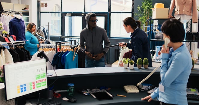 African american robber trying stole stylish shirt being caught by store security guard in shopping mall. Asian bodyguard asking thief to return fashionable merchandise or will call the police photo