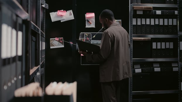 Male detective reading witness statements in archive, using surveillance footage to uncover new clues or details. African american man planning criminal investigation to catch suspect. Handheld shot. photo