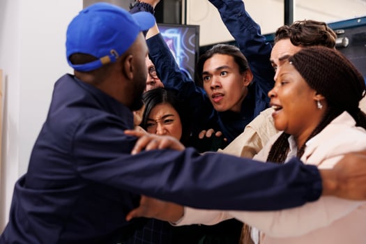 African man security guard pushing back crazy obsessed customers at shop entrance during Black Friday sale. Crowd of anxious diverse people shoppers breaking into shopping mall on Cyber Monday photo