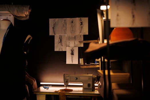 Professional fashion design sketch drawings of premium quality stylish sartorial collection on atelier shop walls. Exquisite tailoring studio with bespoken elegant clothing on mannequins photo