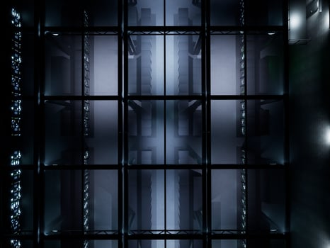 Modern server room with racks and security information cloud computing concept. Supercomputer data center with big data hardware and global IT infrastructure. 3d render animation. photo