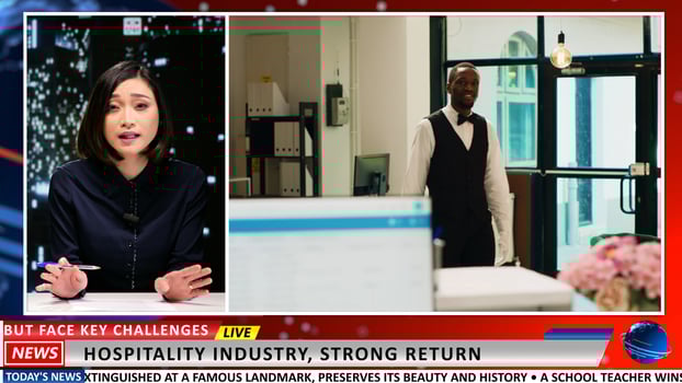 Asian news anchor presents new events in studio, talking about hospitality industry and tourism development during summer time. Woman broadcaster journalist creating television content. photo