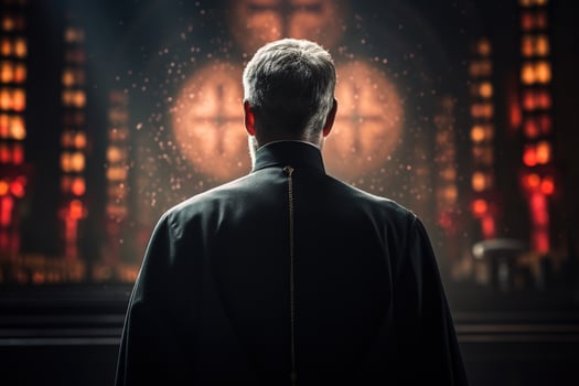 Rear view of priest looking at church interior. Religion concept. AI generated photo