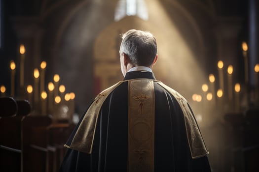 Rear view of priest looking at church interior. Religion concept. AI generated photo