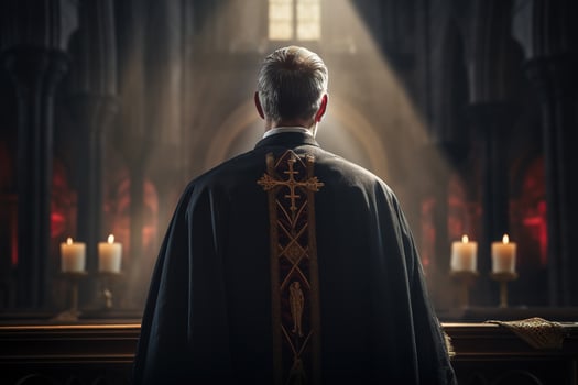 Rear view of priest looking at church interior. Religion concept. AI generated photo