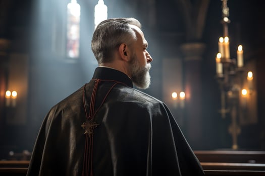 Rear view of priest looking at church interior. Religion concept. AI generated photo