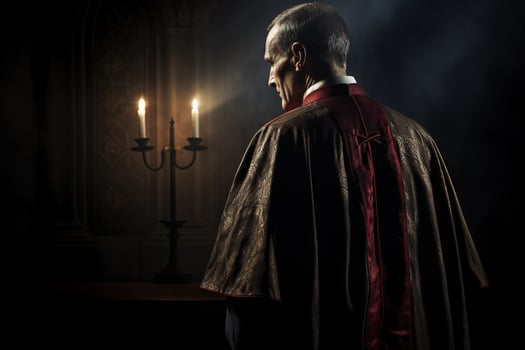 Rear view of priest looking at church interior. Religion concept. AI generated photo