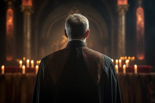 Rear view of priest looking at church interior. Religion concept. AI generated photo