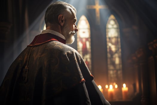 Rear view of priest looking at church interior. Religion concept. AI generated photo