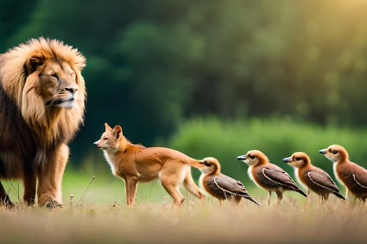 a lion and his family of birds. AI-Generated photo