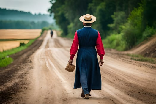 a man in a hat and long dress walking down a dirt road. AI-Generated photo