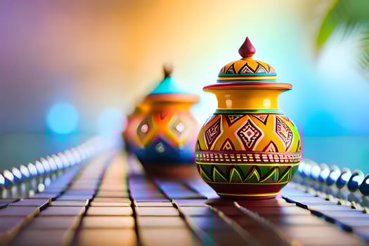 colorful vases on a table with a colorful background. AI-Generated photo