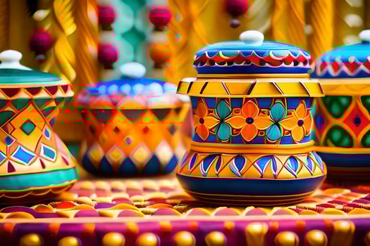 colorful ceramic jars with designs on them. AI-Generated photo