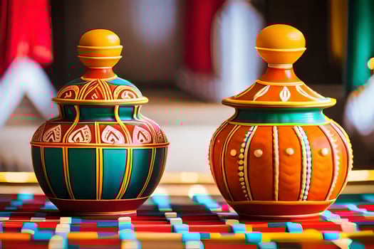two colorful vases sitting on a table. AI-Generated photo