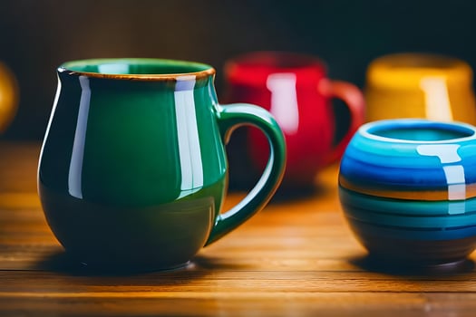 colorful mugs on a wooden table. AI-Generated photo