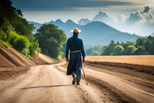 a man in a cowboy hat walks down a dirt road. AI-Generated photo