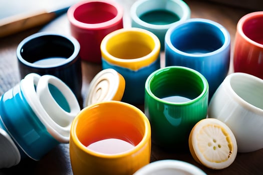 colorful cups and saucers on a table. AI-Generated photo
