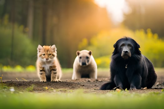 a dog and two cats are standing in the grass. AI-Generated photo