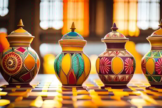 three colorful vases are lined up on a table. AI-Generated photo