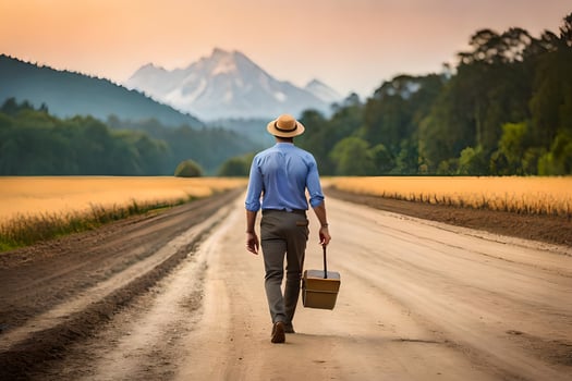 a man walking down a dirt road with a basket and hat. AI-Generated photo