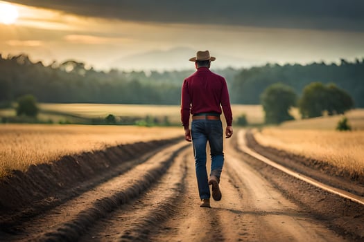a man in a cowboy hat walks down a dirt road. AI-Generated photo