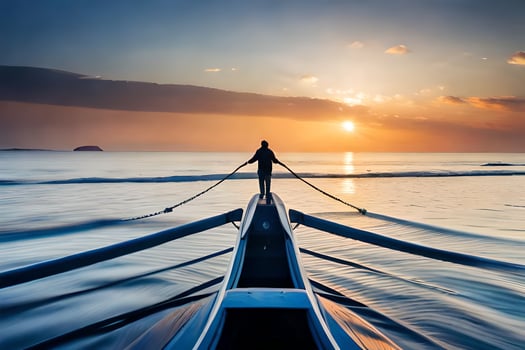 a man rowing a boat at sunset. AI-Generated photo