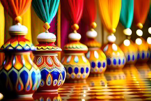 colorful vases lined up on a table. AI-Generated photo