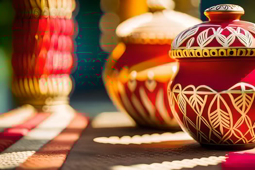 red and gold vases sitting on a table. AI-Generated photo