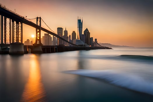 the city skyline is seen in the background as the sun sets. AI-Generated photo