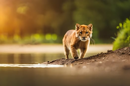 a lion walking along the bank of a river. AI-Generated photo