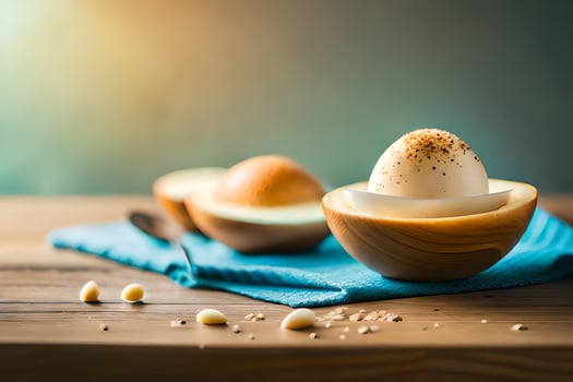 eggs in a wooden bowl on a table. AI-Generated photo