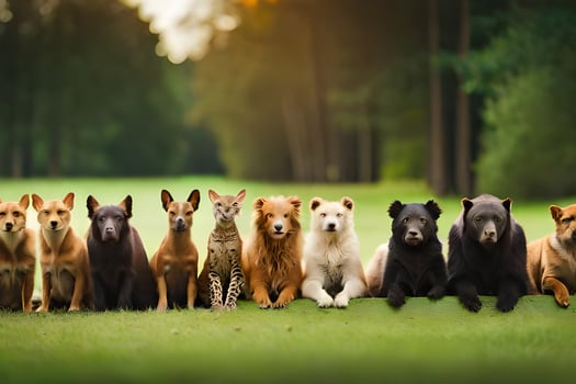 a group of dogs and cats sitting in a row. AI-Generated photo
